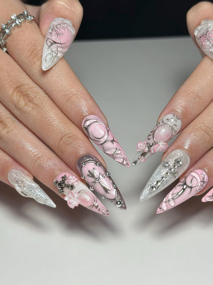 3D Pink Gothic Cyber Nails | Silver Chrome Cross Press Ons | Ethereal Grunge Liquid Metal Nails | Y2K Punk Butterfly Press Ons | OB362IC