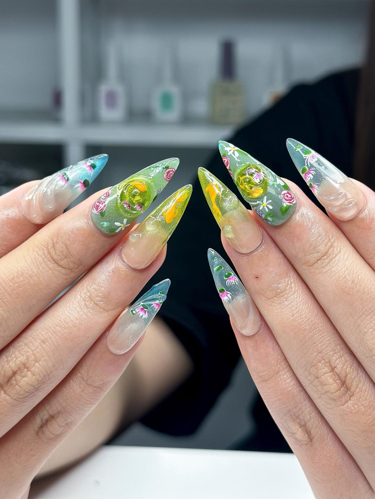 Zen Koi Pond Press On Nails | 3D Lotus Flower & Goldfish Art | Ethereal Ombre Shimmer Nails | Botanical Water Ripple Press Ons | OB361IC