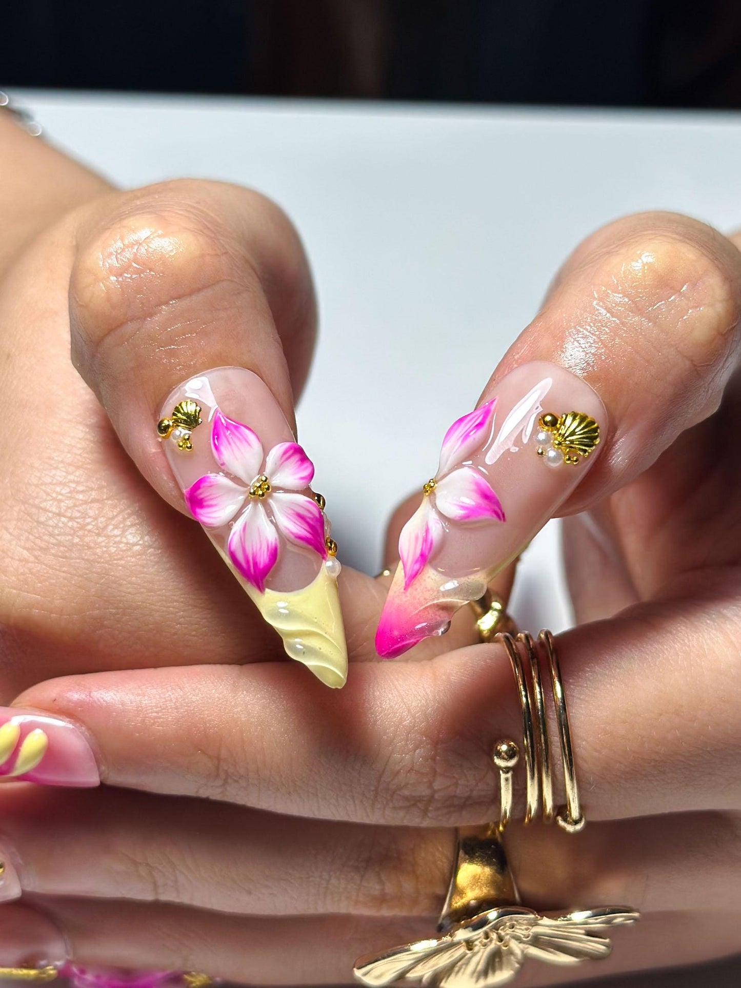 3D Starfish Hibiscus Press On Nails | Neon Pink Yellow Ombre Tropical Summer Fingernails | OB1329IK