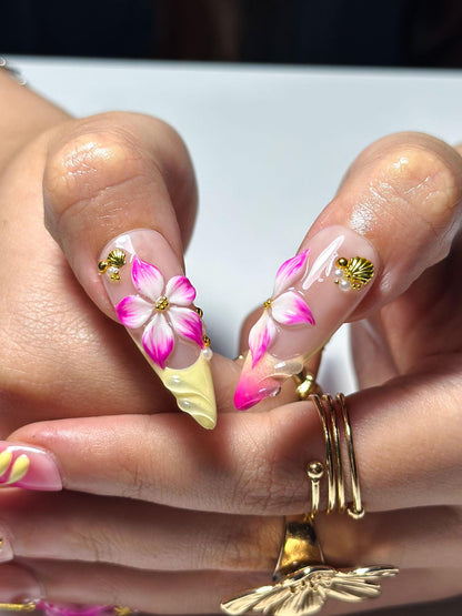 3D Starfish Hibiscus Press On Nails | Neon Pink Yellow Ombre Tropical Summer Fingernails | OB1329IK