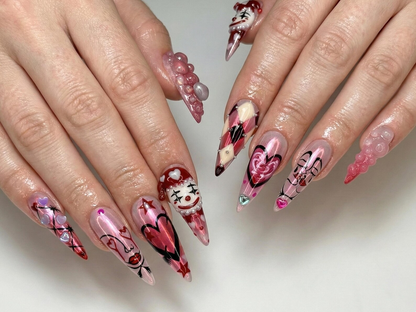 Gothic Valentine Clown Heart Press On Nails for Dark Romance Girls, Handmade Long Pink Chrome Fake Nails, Alternative Love Nail,JB278EC
