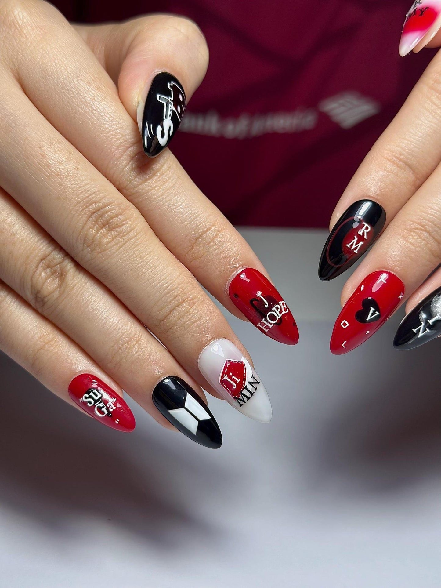 Red Black Kpop Press On Nails | Kpop Inspired Nail Art | Concert Aesthetic Almond Nails | Edgy Graphic Press Ons | Kpop Fan Nails | OB384HC