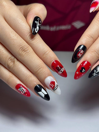 Red Black Kpop Press On Nails | Kpop Inspired Nail Art | Concert Aesthetic Almond Nails | Edgy Graphic Press Ons | Kpop Fan Nails | OB384HC