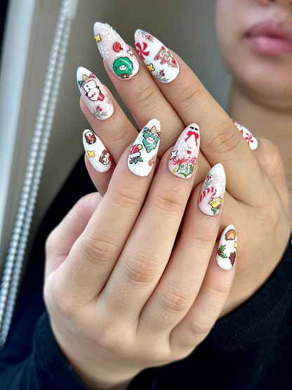 Merry Cartoon Christmas Press On Nails | Kawaii Christmas Nail Art | Festive Holiday Character Nails | White Winter Press Ons | JB222EC