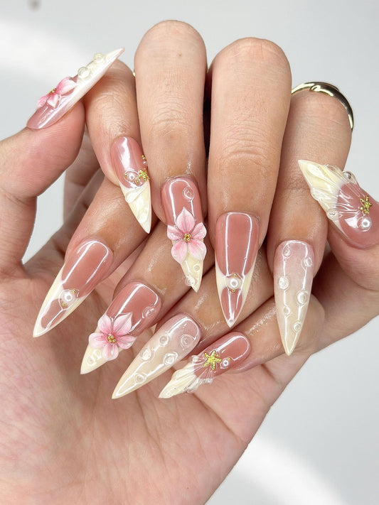 3D Pink Lily & Lemon French Nails | Summer Ocean Shell Press Ons | Luxury Tropical Botanical Stiletto Art | JB373IC