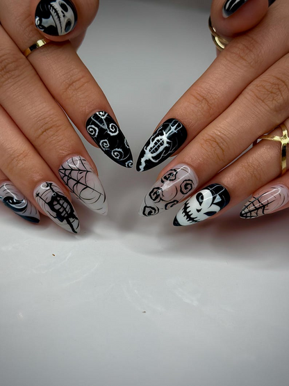 Gothic Skull Halloween Press On Nails | Black & White Creepy Nail Art | Halloween Horror Inspired | Unique Gothic Nail Set| JB150HC