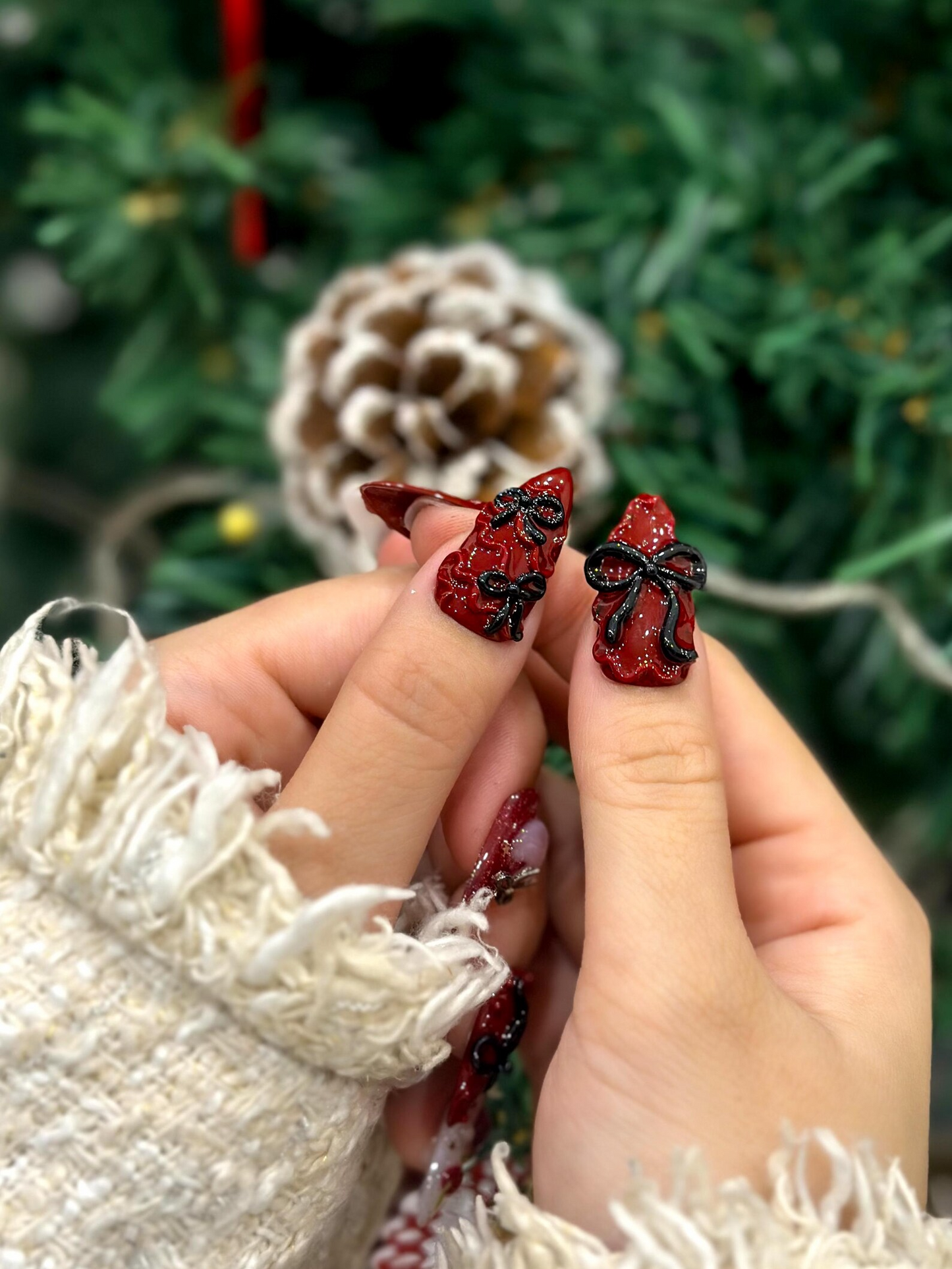Glossy Cherry Bow Christmas Press On Nails | Red Jelly 3D Ribbon Nails | White Sparkle Holiday Set | Luxury Festive Press Ons | DC929EC