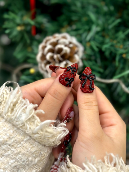 Glossy Cherry Bow Christmas Press On Nails | Red Jelly 3D Ribbon Nails | White Sparkle Holiday Set | Luxury Festive Press Ons | DC929EC