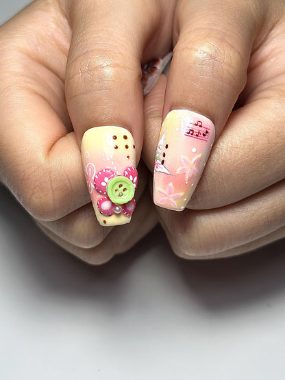 Kawaii Pastel 3D Cartoon Press On Nails | Cute Flower Nail Set | Pink Yellow Sweet Nails | Handmade Nails | Unique Character Nails| HB1306IC