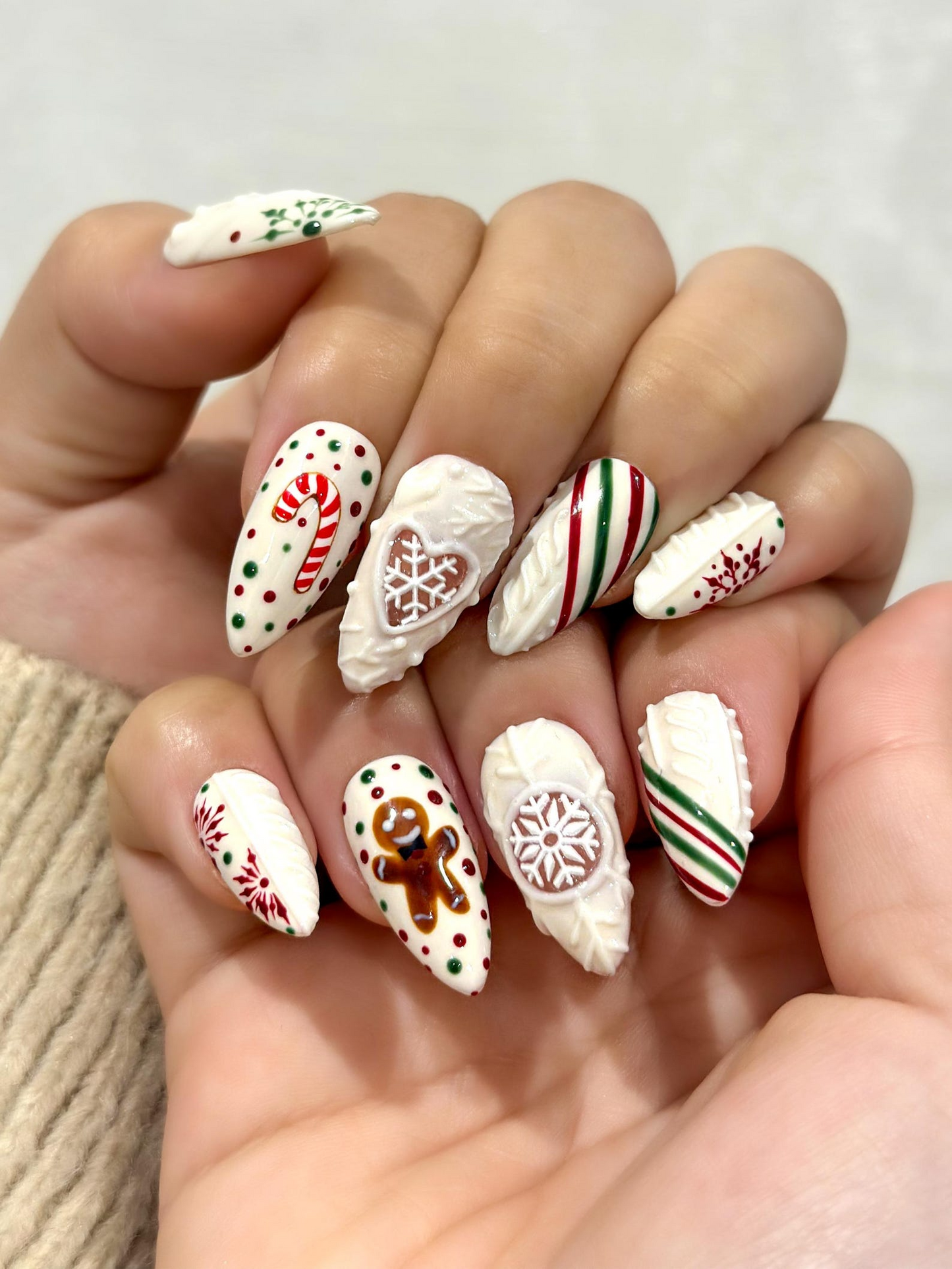 Candy Sweater Christmas Press On Nails | Snowflake Winter Nail Art | Red Green Stripe Holiday Nails |3D Cable Knit Nail | HB1212EC