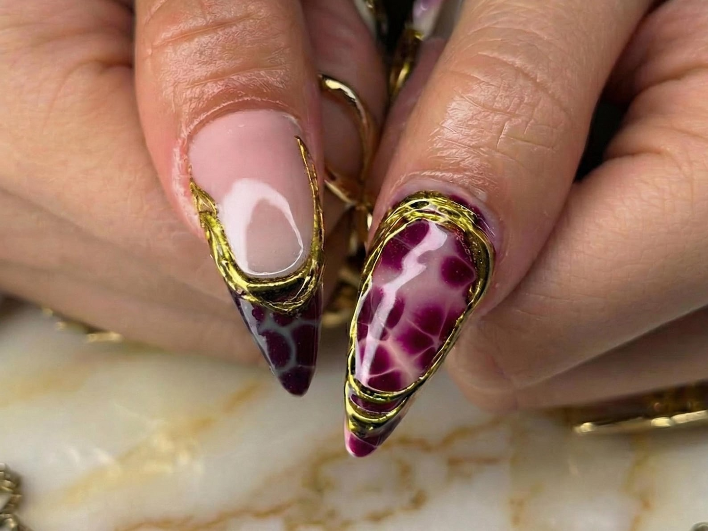 Gothic Garnet Gold Press On Nails | Frech Tips Gold Couture Nail Art | Burgundy Jade Statement Nails | Handmade Luxury Stiletto Set JB270EC