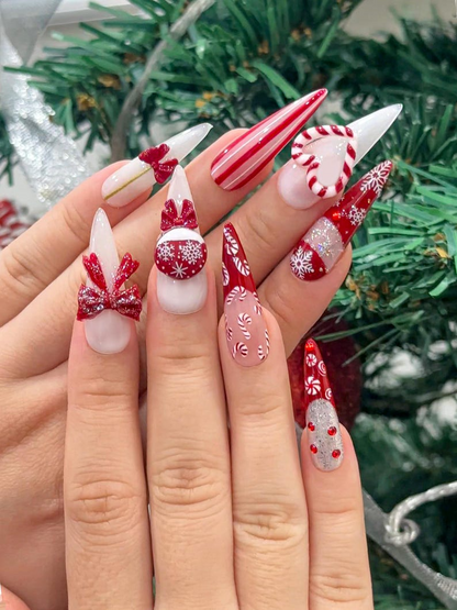 Candy Cane Christmas Press On Nails | Red White Holiday Nails | 3D Bow & Peppermint Art | Festive Winter Nail Set | JC246EC