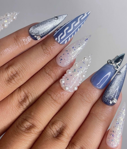 Frosted Winter Elegance Christmas Nails | Icy Blue Chrome Nail Art | Pearl Snowflake Design | Winter Wonderland Nails | Luxury Nail|HB1199HK