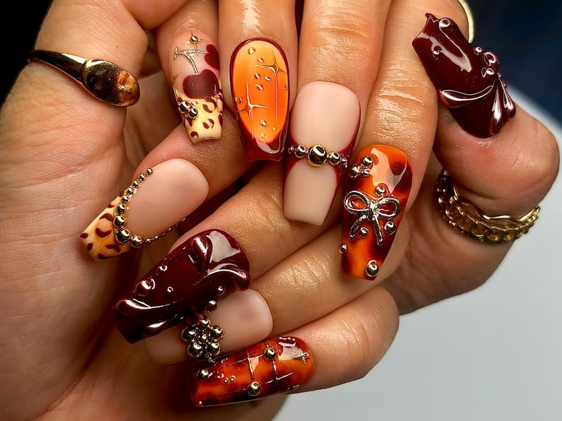 Fall Orange Leopard Press On Nails | Autumn Handmade Luxury Set | 3D Bow & Butterfly Nail Art | Fall Statement Design | HB1095EC