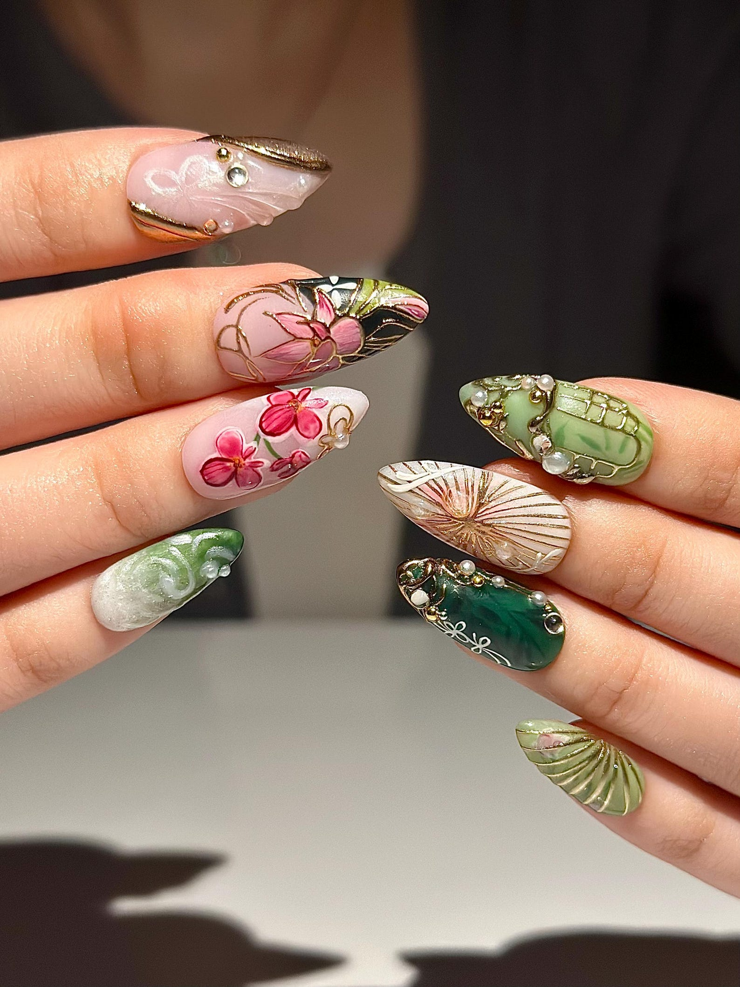Asian Inspired Luxury Press On Nails | Jade Green Gold Floral Nails | Handpainted Pagoda Nail Art | Elegant Statement Press Ons | JB309HC