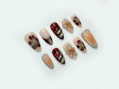 Autumn Tortoiseshell Blossom Press On Nails | Brown Nude Gradient Nail Art | 3D Floral & Metallic Accents | Elegant Long Nail Set | JB178EC
