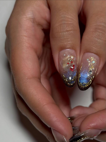 Luxury Navy Gold Press On Nails, Mystic Galaxy Floral Nails, Reusable Stiletto Nail with Gold Filigree and Shimmering Night Sky Art, JB307HC