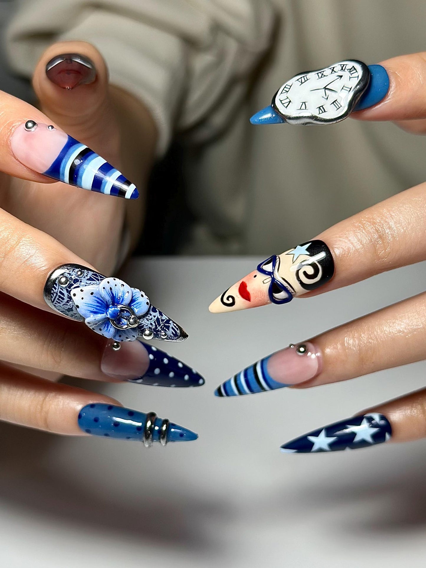 Abstract Blue Press On Nails | Modern Art Face & Clock Nails | Graphic Cartoon Nail Art | Star Stripe Nails | Handmade Press Ons | JB334IK