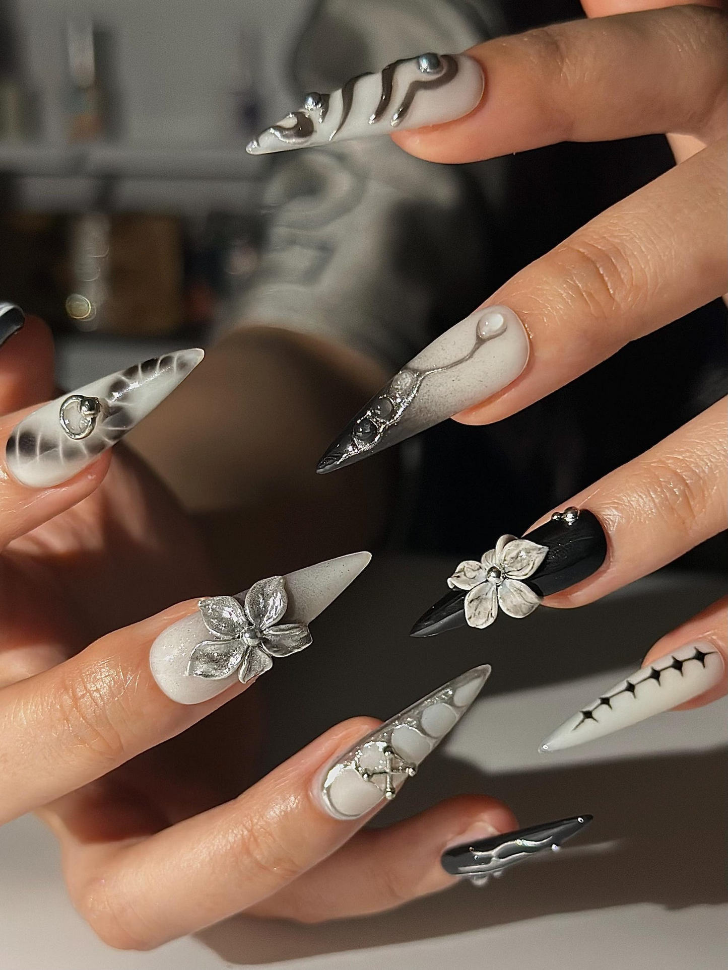 Gothic Silver Flower Press On Nails | Black White Stiletto Nails | Dark Floral Nail Set | Edgy Gothic Nails | Handmade Press Ons | HC1297HC