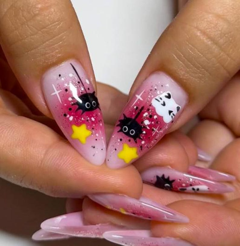 Spooky Kawaii Halloween Press On Nails | Pink Ghost & Pumpkin Nail Art | Cat and Witch Hat Cute Nails | Handmade 3D Halloween Nails |JB179EK