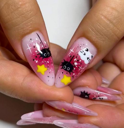 Spooky Kawaii Halloween Press On Nails | Pink Ghost & Pumpkin Nail Art | Cat and Witch Hat Cute Nails | Handmade 3D Halloween Nails |JB179EK
