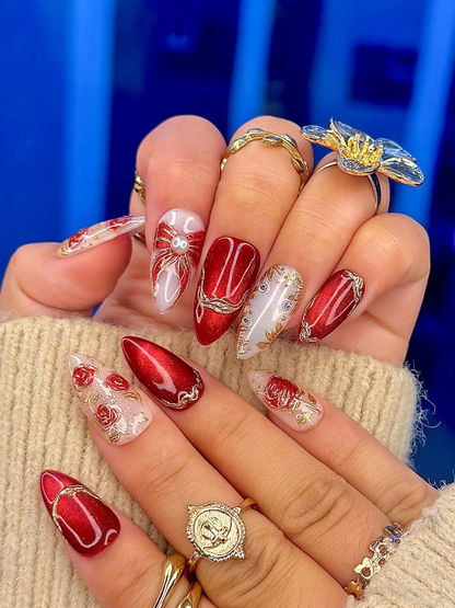 Press On Nails For Christmas | Holiday Christmas Nails | Gold Leaf Luxury Nail Art | Pearl Accent Classy Nails | JB210EC