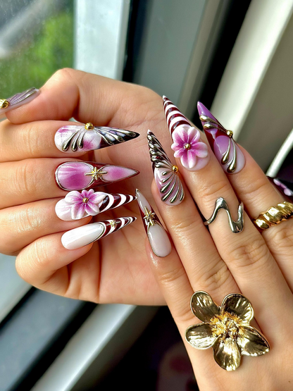 Elegant Violet Floral Press On Nails | Purple Chrome Floral Nails| Elegant Holiday Nails | Luxury Gradient Press Ons | JB211EC