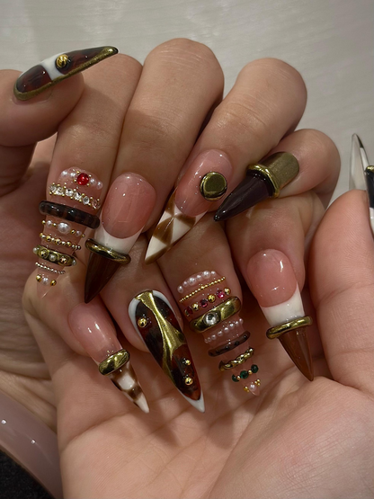 Brown Gold Luxe Press On Nails | Sculptural Ring Nail Art | Luxury Jewelry Inspired Nails | High Fashion Press Ons | Luxury Nail | JB262HK