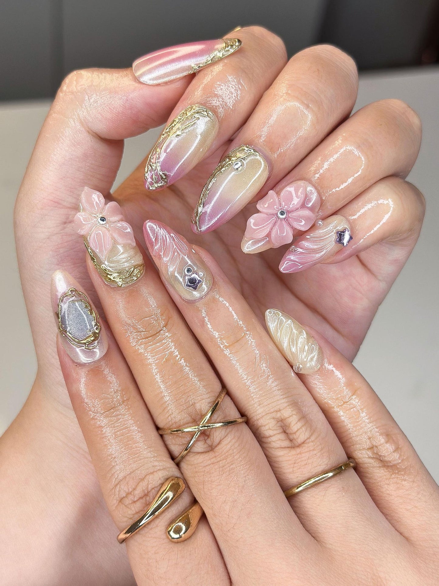 Jisoo MET Gala Inspired Nails | 3D Floral Molten Gold Press Ons | Luxury Pink Ombre Shimmer Custom Celestial Almond Art| OB390IK