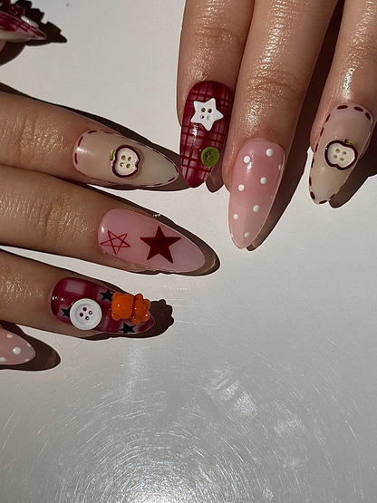 Kawaii Teddy Bear Press On Nails | Cute Teddy & Button Nail Art | Handmade Kawaii Nails | Pink Plaid Press Ons | Cute Core Nails | OB1022H