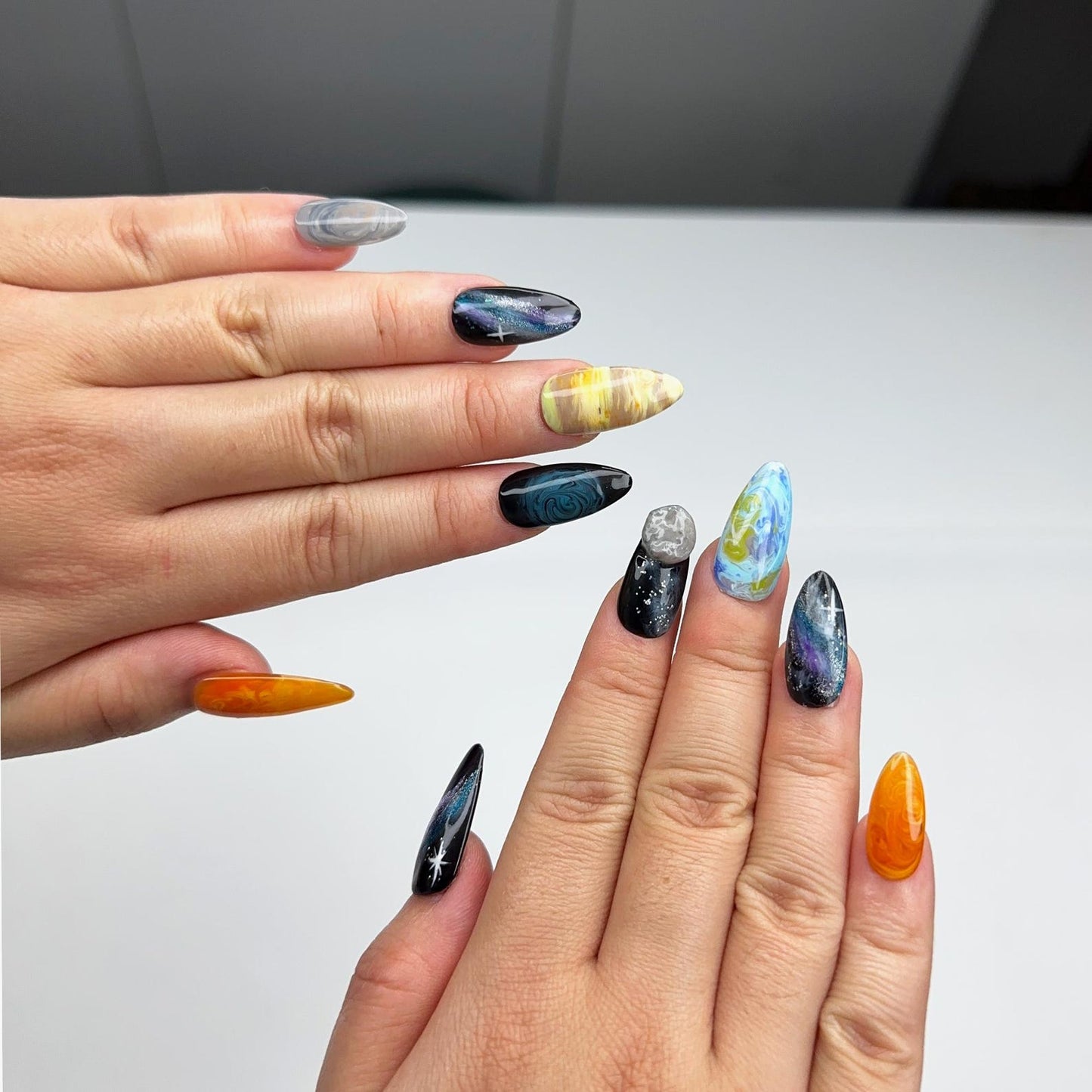 Solar System Almond Press On Nails | Handpainted Celestial Galaxy Fake Nails | OB401LK