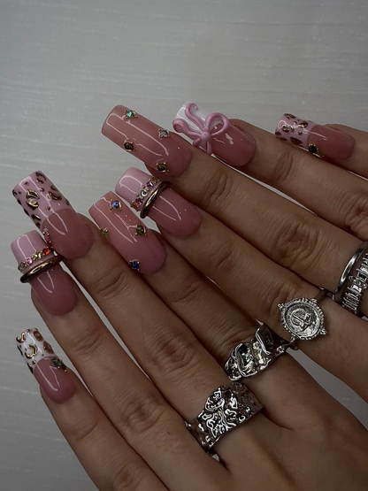 Blush Pink Leopard Press On Nails for Luxury Nail Lovers | Nude Pink Nails with 3D Bow Accent| Leopard French Tips with Gold Detail| JB288HC