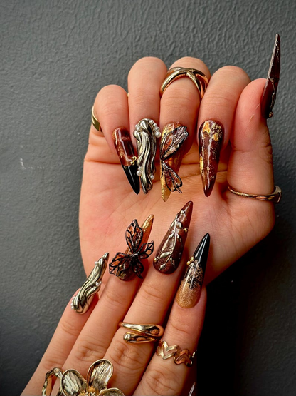 Autumn Butterfly Press On Nails | Luxury Handmade Brown Nails | Nature Inspired Stiletto Press Ons | Elegant Butterfly Design | JB168HC