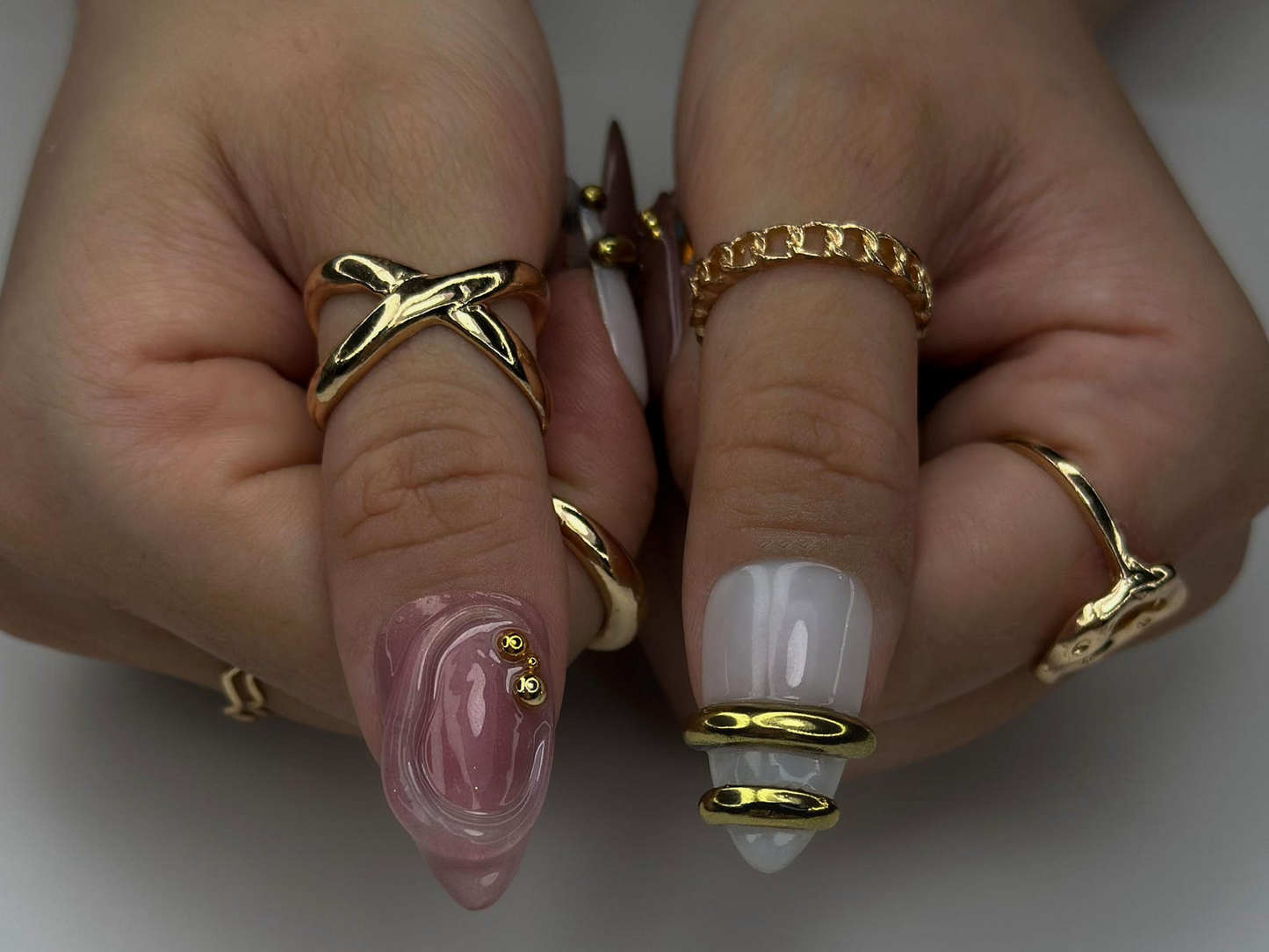 Aurora Gold Swirl Press On Nails | Holographic Iridescent Shell Nails | 3D Gold Chrome Accent Tips | Almond Shape Artistic Nails | HC1007EC