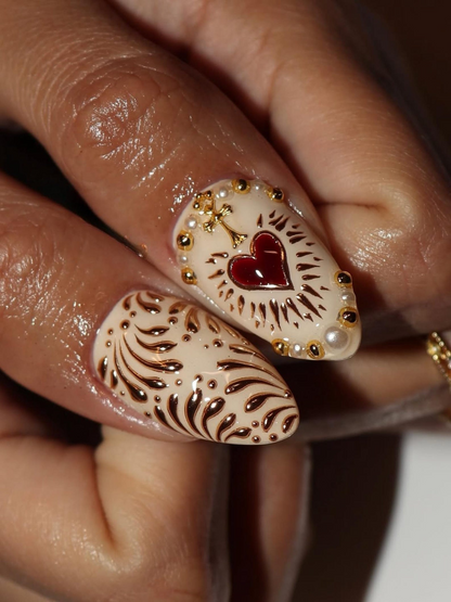 Nail Tabs for Press On Nails – Golden Heart Baroque Press On Nails | Valentine Nails | Ivory Blush French Tips