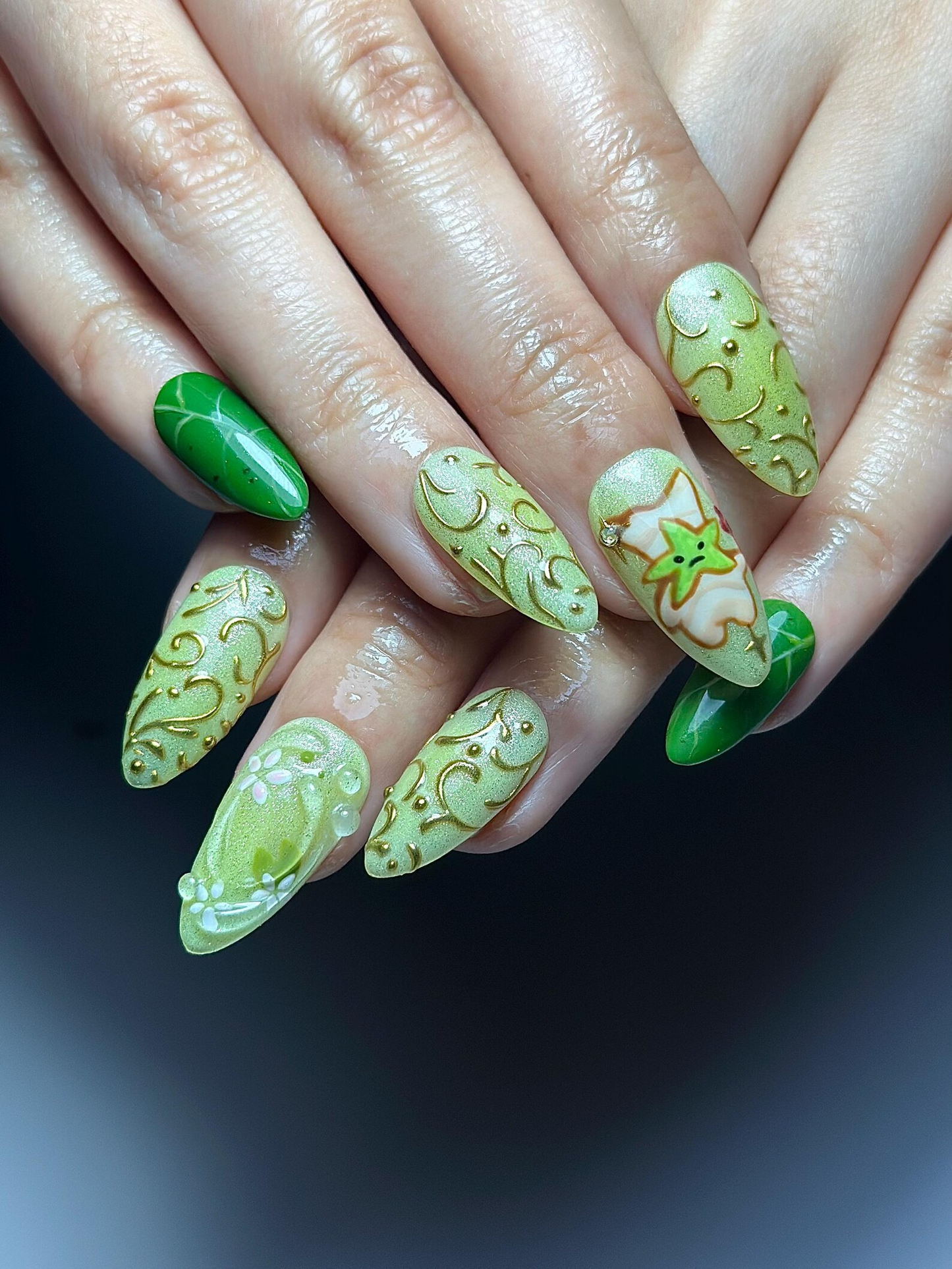 Korok Forest Press On Nails | Legend of Zelda Inspired Nails | Cute Green Fantasy Nail Art | Korok Leaf Nails | Game Press Ons | JB325HC