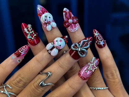Merry Bunny Christmas Press On Nails | Red And Pink Festive Nail Art | 3D Bunny & Bow Charms | Starry Holiday Glam Nails | HB1177BC