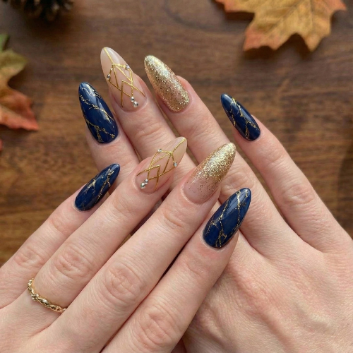 Midnight Royal Gold Press On Nails | Navy Blue Marble Nails | Champagne Gold Glitter Tips | Luxury Geometric Nail Art | Elegant Almond Statement Nails