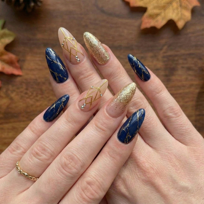 Midnight Royal Gold Press On Nails | Navy Blue Marble Nails | Champagne Gold Glitter Tips | Luxury Geometric Nail Art | Elegant Almond Statement Nails