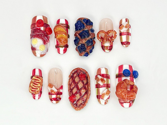 Picnic-Inspired Food Press-On Nails | Fun Picnic Nail Art with Pretzels, Pies, and Berries | Cute 3D Food Nail Art |Dessert Inspire| JA646HC