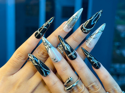 Black Silver Chrome Press On Nails | Gothic Metallic Nail Art | Winter Armor Nails | Holiday Party Nails | Handmade Gift Set | JC1193BK