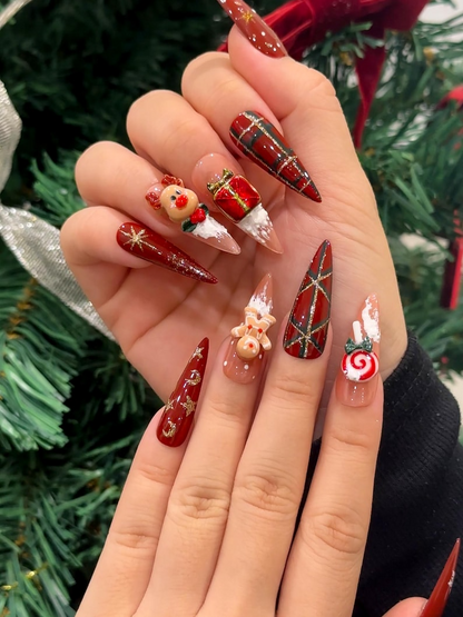Red Christmas Reindeer Press On Nails | 3D Christmas Candy Nail Art | Holiday Red Glitter Nails | Festive Winter Nail Art | JC247EC