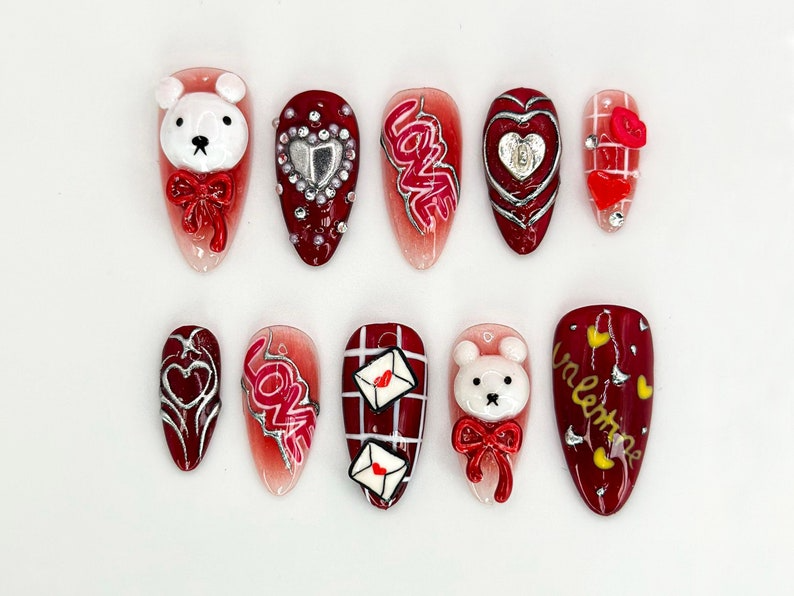 Valentine’s Day Bear Press On Nails | Red Hearts & Cute Bear Nail Art | Handmade Valentine Nails | Perfect Valentine Gift Idea | JB625HK