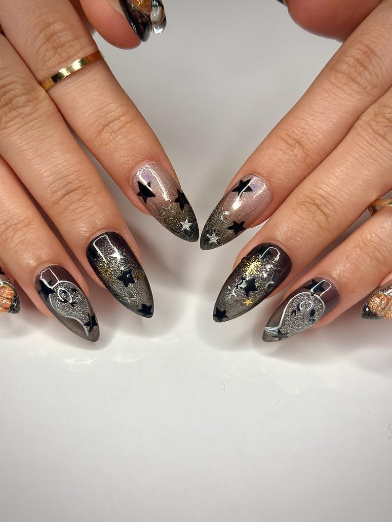 Pumpkin Gothic Press On Nails | Halloween Black & Orange Nails | Handmade Spooky Nail Design | Unique Gothic Pumpkin Nails | JB151HC