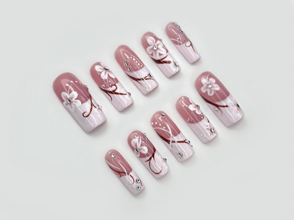 Floral Pink Gradient Press On Nails | Elegant Pink Floral Nail Art | Rhinestone & Petal Design | Romantic Spring Nails | JB206EC