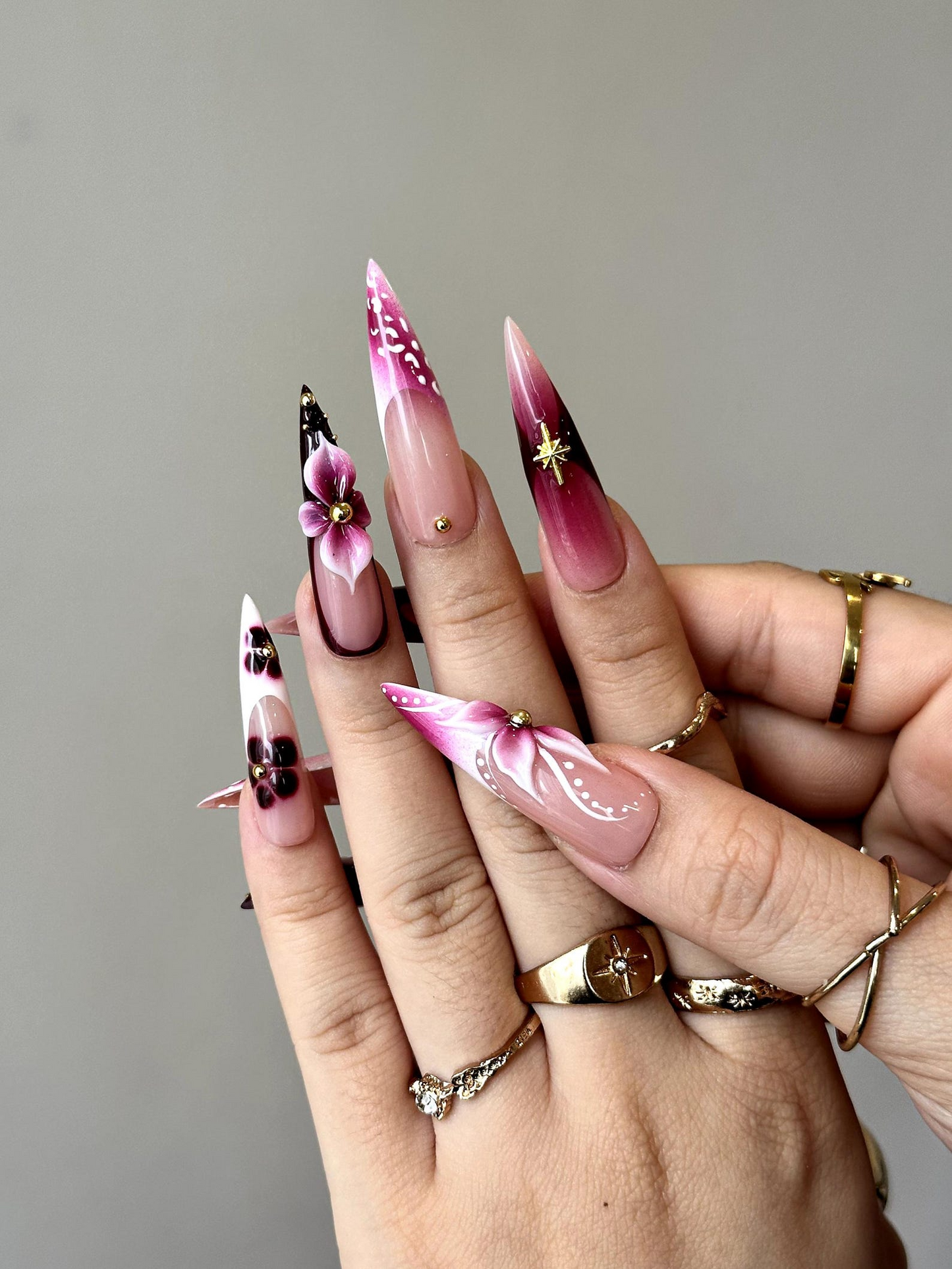 Elegant Floral Press On Nails | 3D Floral Ombre Nails | Burgundy & Pink Gradient Nail Art | Luxury Handmade Press Ons | DC881HC