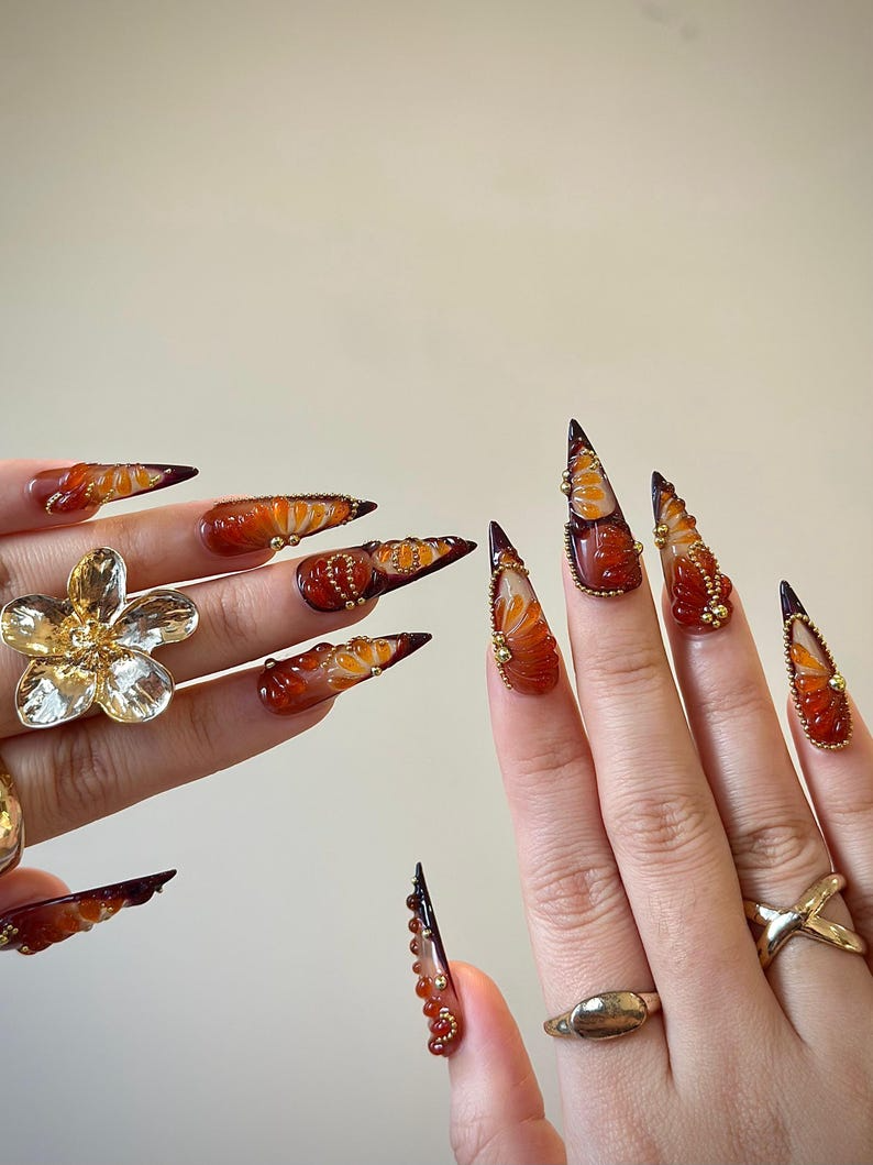 Amber Fall Press On Nails | Brown & Gold Ombre Nail Art | 3D Swirl Nails | Luxury Long Stiletto Nails | Elegant Glam Press Ons | JB174HC