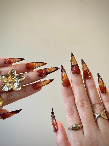 Amber Fall Press On Nails | Brown & Gold Ombre Nail Art | 3D Swirl Nails | Luxury Long Stiletto Nails | Elegant Glam Press Ons | JB174HC