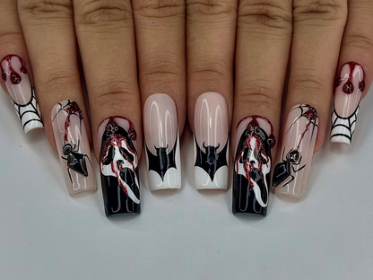 Gothic Spider Web Press On Nails | 3D Black Widow and Blood Drip Art | Scream Ghost & Webbed Bat Design | Halloween Horror Nail | JB980EC