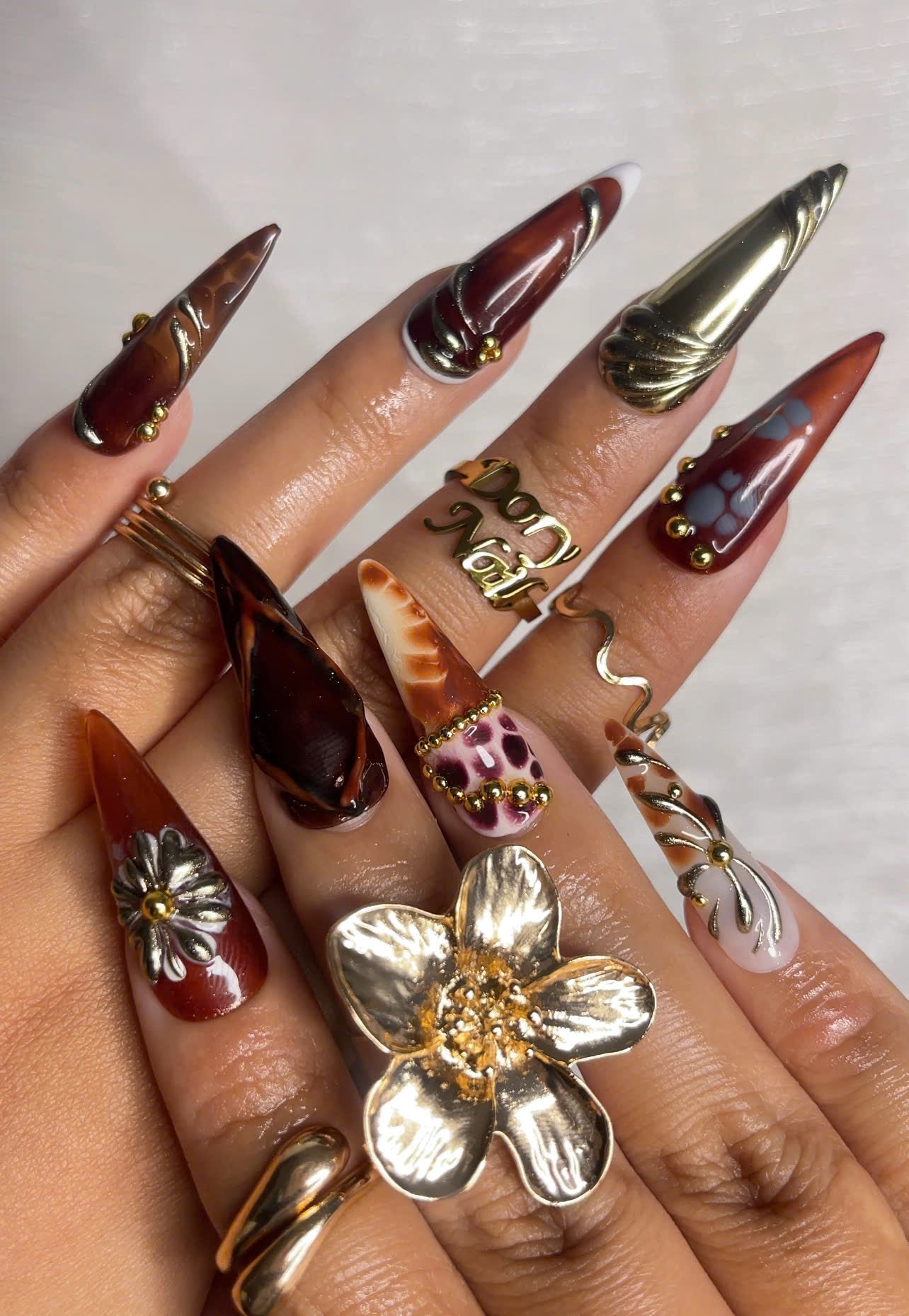 Autumn Luxe Press On Nails | Dark Red & Metallic Gold Nail Art | Handmade Gothic Glam Nails | Long Stiletto Nail | Luxury Fall Vibe| JB173HK